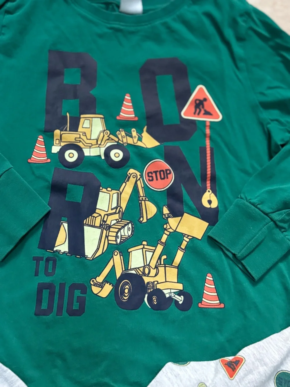 Boys Green Born To Dig Construction Vehicle Pajama Set